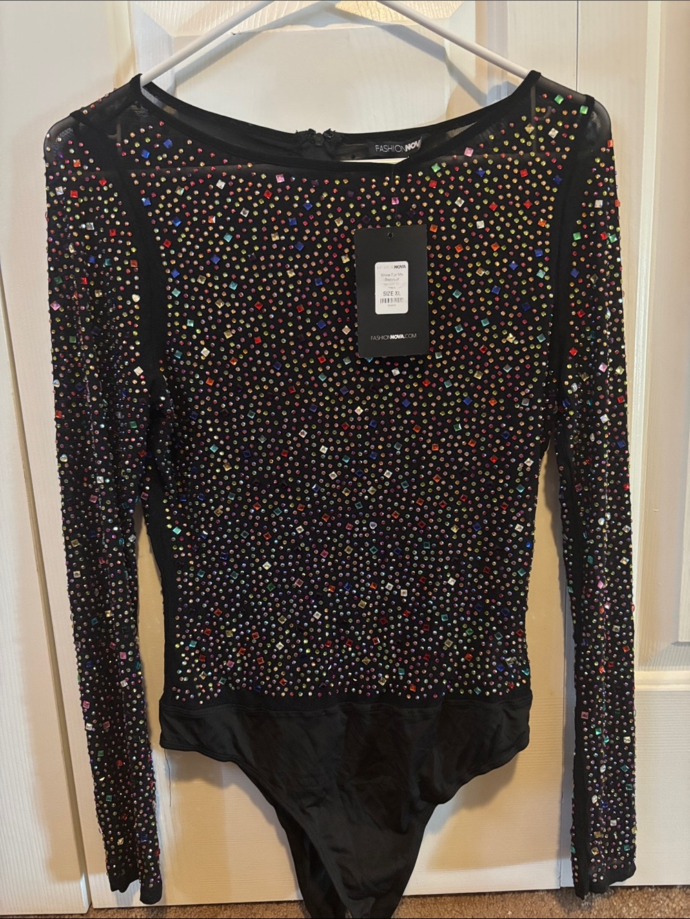 Fashion Nova Black Long Sleeve Iridescent Sequin Bodysuit
